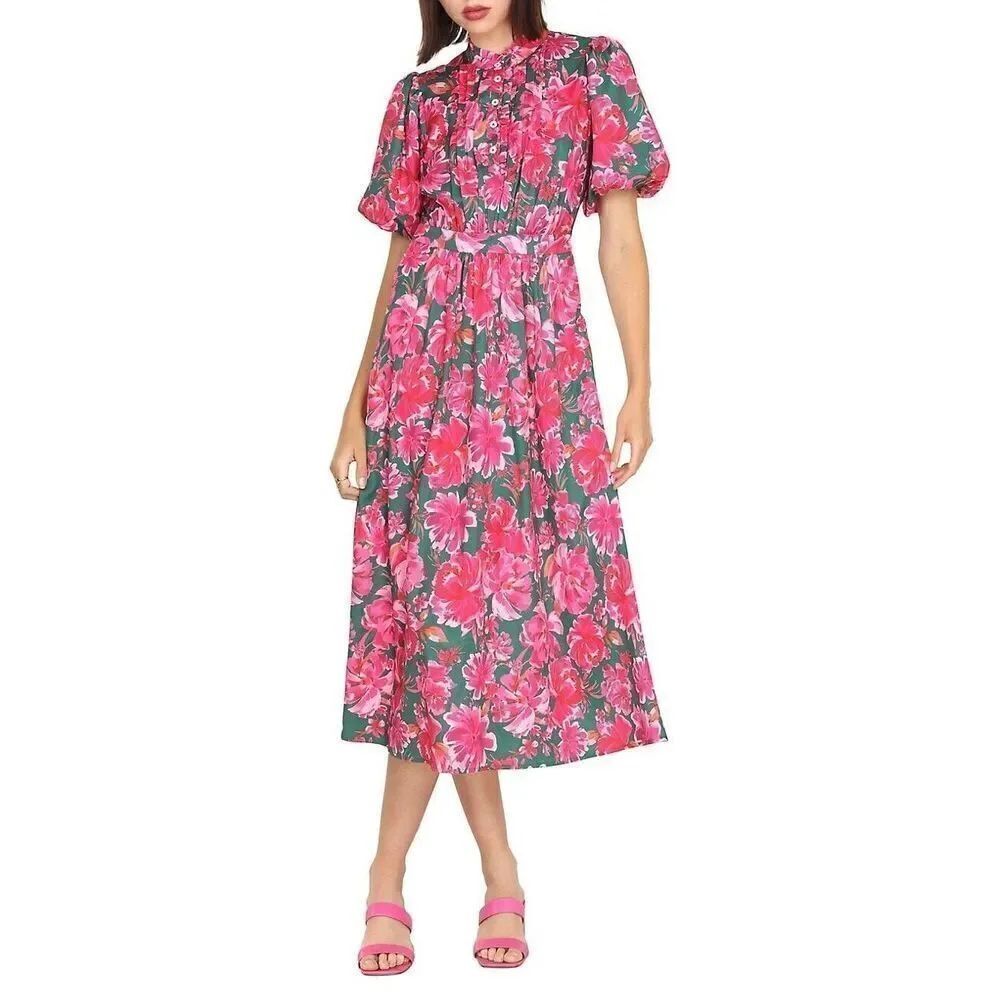 Greylin Fiona Highneck Puff-Sleeve Floral Midi DressGreen Pink Women's Med